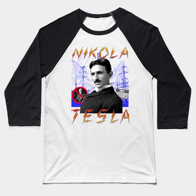 TESLA RAP BAND TEE Nikola Tesla Historic Inventor Electricity 90's Vintage Style Baseball T-Shirt by blueversion